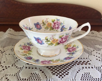 Vintage Belmont Bone China Teacup and Saucer Set Featuring Pink, Blue and Yellow Flowers with Gilt Trim, Made in England 1980s