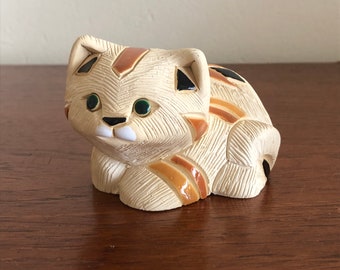 Vintage Rinconada Classic Collection Calico Cat Figurine #190, Pottery Made in Uruguay, Enamel Glazes in Orange and Brown, Circa 1980s