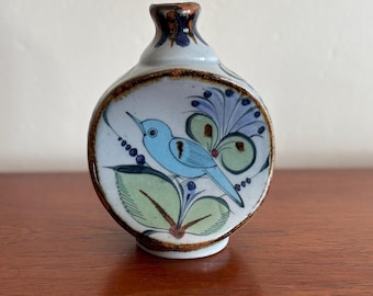 Vintage Ken Edwards Stoneware Pottery Concave Vase, Hand Decorated with Bluebirds and Florals, Crafted in Tonala Mexico, Signed with Spider
