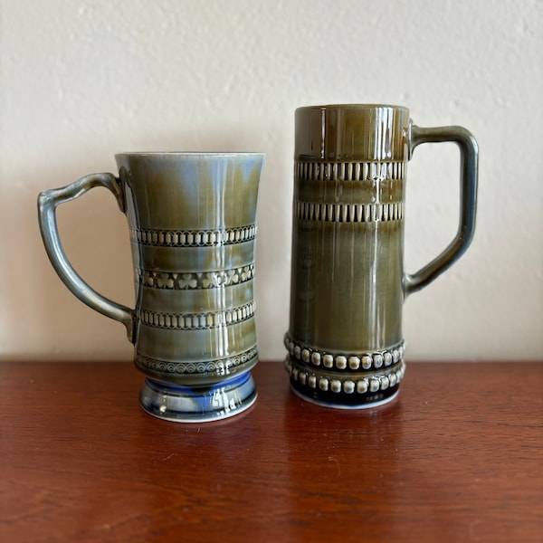 Vintage Wade Irish Porcelain Coffee Mug and Beer Tankard in Blue, Green and Brown, Finished with a Shiny Glaze, Made in Ireland Circa 1970s