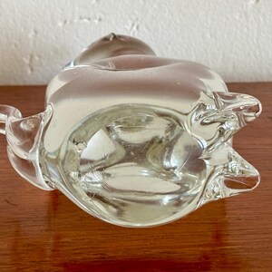 May include: A clear glass ashtray with a unique, organic shape. The ashtray has a rounded body with a flared rim and two curved extensions. The glass is transparent, allowing light to pass through, and sits on a wooden surface.