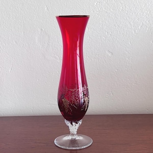 Vintage Ruby Red Glass Bud Vase: Gold Grapevine Etching, Twisted Pedestal, Mid Century Decor