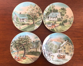 Vintage Currier and Ives 'Four Seasons' Round Plates in Spring Summer Autumn and Winter, Reproduced by Bond International 1986