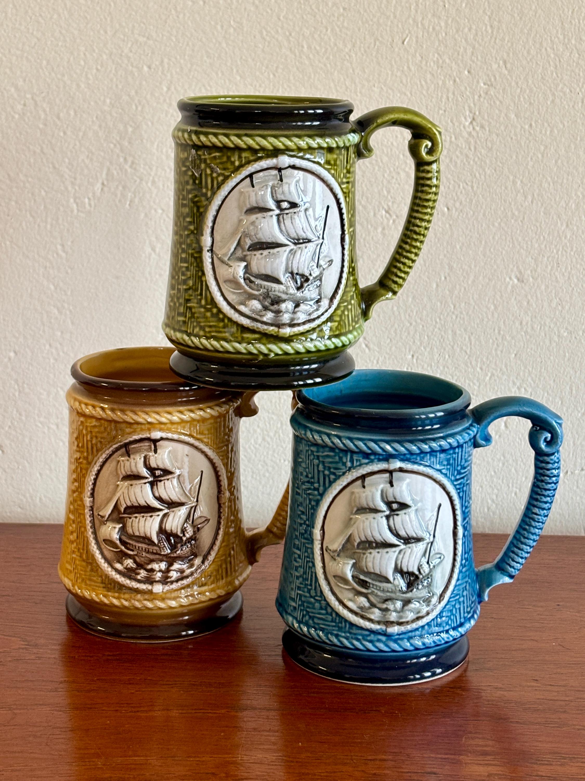 Vintage Japanese Ship Stein Set: 1950s Nautical Ceramic Tankards