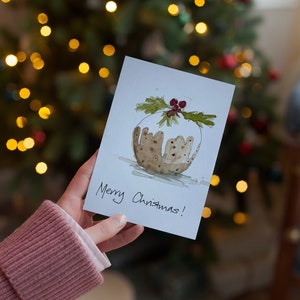 Cartão pintado à mão do pudim do Natal de <br> Entrega Rápida? aquarela original | Cartão de Natal tradicional | Cartão de Natal clássico | originais pintados à mão