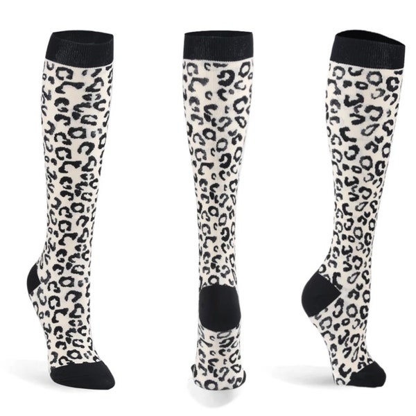 Kompression Genex’s White & Black Leopard Compression Socks |20-30mm HG | Nurse Socks | Circulation Socks