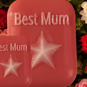 May include: Two pink rectangular plaques with the text "Best Mum" and a white star embossed on each. The plaques are surrounded by red and white flowers.
