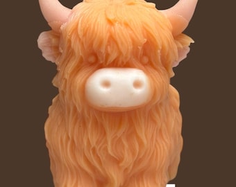 May include: A Highland cow-shaped soap in shades of orange, with the word "Curiosity!" above it. The soap is scented with cranberry, cinnamon, and orange. The cow has a white nose and pink horns.