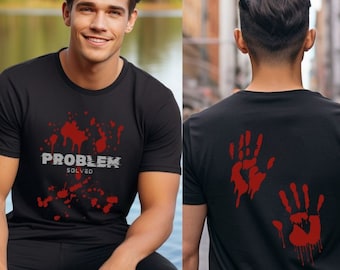 Problem Solved T-shirt, graficzny krwawy T-shirt, vintage horror design, męska/damska koszulka na Halloween, straszna koszulka, krwawy T-shirt, prezenty w postaci T-shirtów