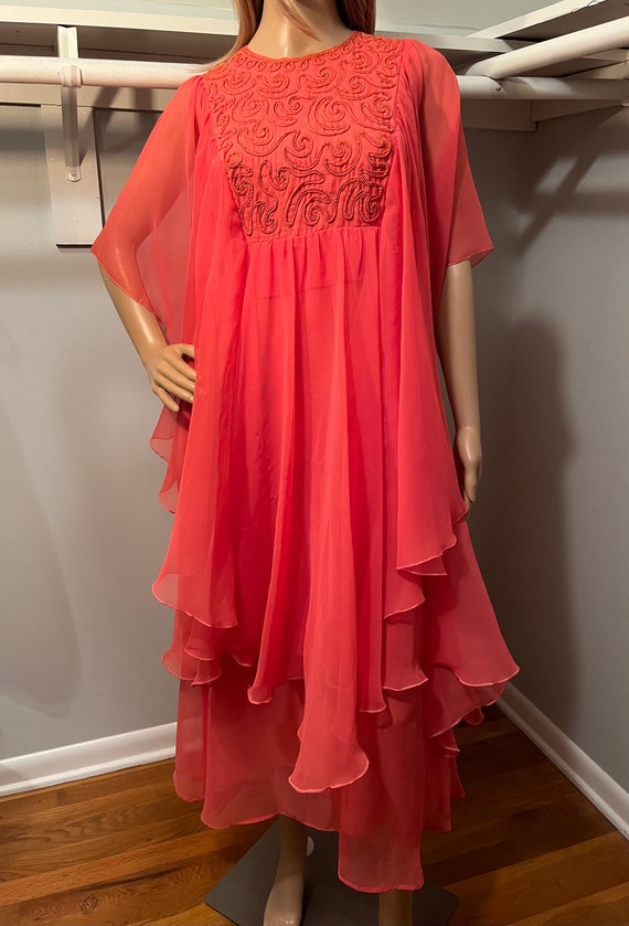 Vintage Floaty Coral Pink 1960s-70s Dress XS - image 1