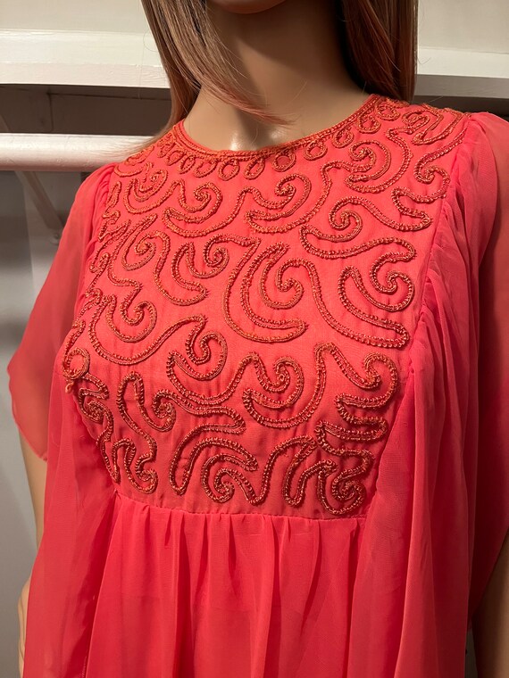Vintage Floaty Coral Pink 1960s-70s Dress XS - image 3