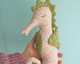 Handmade Stuffed Seahorse - Ocean Plushie in Pink and Green - Sea Plush For Babies, Children and Collectors