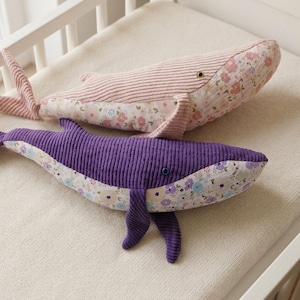 Big stuffed purple or pink Humpback whale made of flower-pattern cotton and corduroy fabric