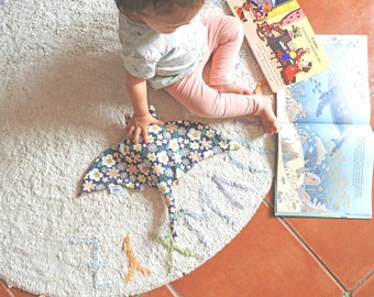 Handmade Manta ray stuffed animal made of flower-pattern cotton and pink minky - Personalize option