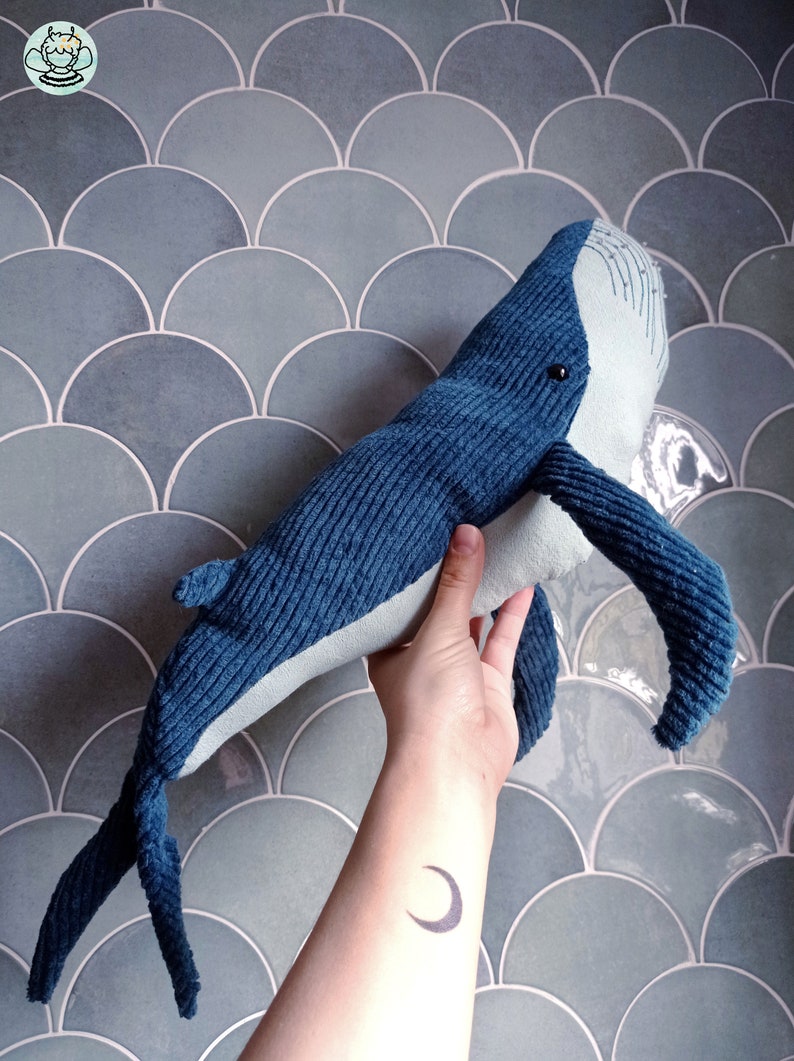 Big Blue Stuffed Whale Handmade Plushie Ocean Animal Big Humpback Whale Baby Doudou Cuddle Soft Toy Plush Pillow Whale image 5