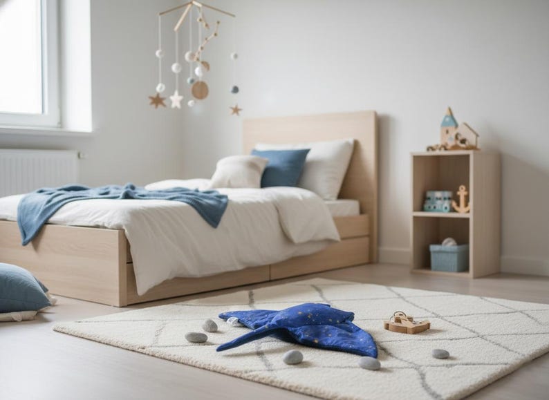 K&ouml;nnte beinhalten: Ein Kinderzimmer mit einem hellen Holzbett, wei&szlig;er Bettw&auml;sche und blauen Akzenten. Ein blaues Kissen in Form eines Mantarochens und Holzspielzeug liegen auf dem Teppich. Ein Mobile h&auml;ngt &uuml;ber dem Bett.