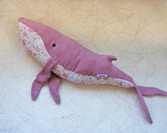 Grande balena ripiena rosa di fiori - Peluche fatto a mano Animale dell'oceano - Grande megattera Baby Doudou - Peluche coccolone - Balena cuscino