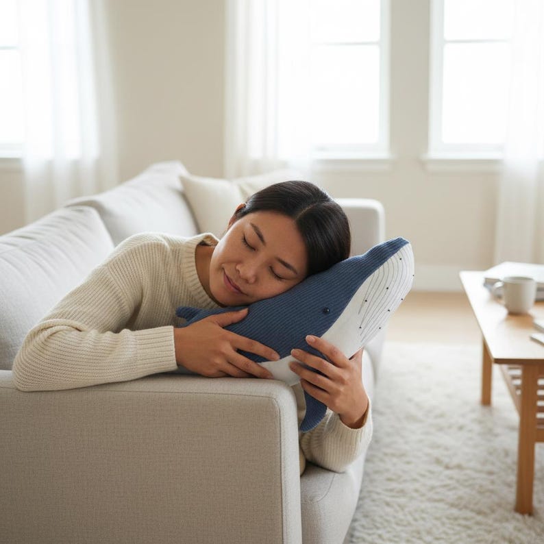 Peut inclure: Un coussin en forme de baleine bleu et blanc. Le coussin a un corps bleu fonc&eacute;, un ventre blanc et un petit &oelig;il bleu fonc&eacute;. Le coussin est tenu sur un canap&eacute; gris clair.