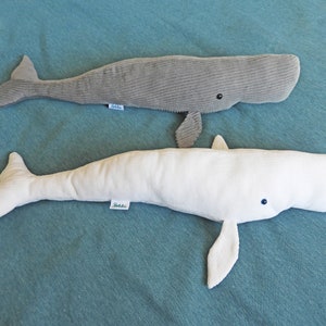 Set of two big handmade stuffed white and gray Sperm whales plush toys