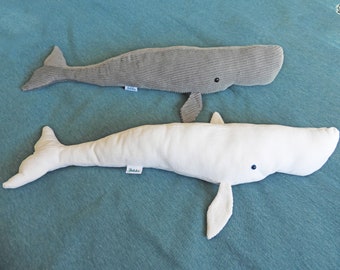 Two Big Handmade Stuffed White and Gray Sperm Whales Plush Toy - Soft, Cuddly, and Adorable for Kids or Ocean Lovers - Set of two