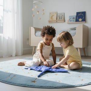 K&ouml;nnte beinhalten: Zwei kleine Kinder spielen auf einem hellblauen runden Teppich mit Sternenmuster. Der Teppich hat einen Durchmesser von etwa 152 cm. Ein Kind tr&auml;gt ein gelbes Hemd und das andere einen beigen Overall. Ein blaues Pl&uuml;schtier liegt in der Mitte.