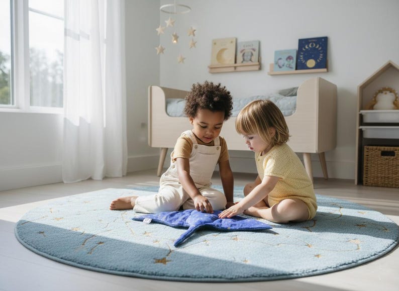 K&ouml;nnte beinhalten: Zwei kleine Kinder spielen auf einem hellblauen runden Teppich mit Sternenmuster. Der Teppich hat einen Durchmesser von etwa 152 cm. Ein Kind tr&auml;gt ein gelbes Hemd und das andere einen beigen Overall. Ein blaues Pl&uuml;schtier liegt in der Mitte.