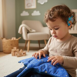 K&ouml;nnte beinhalten: Ein junges Kind in einem beigefarbenen Langarmshirt und einer dunkelblauen Hose sitzt auf einem Teppich und spielt mit einem blauen Kissen mit Sternenmuster. Das Kind hat ein H&ouml;rger&auml;t. Ein Weidenkorb und Holzbl&ouml;cke sind im Hintergrund.