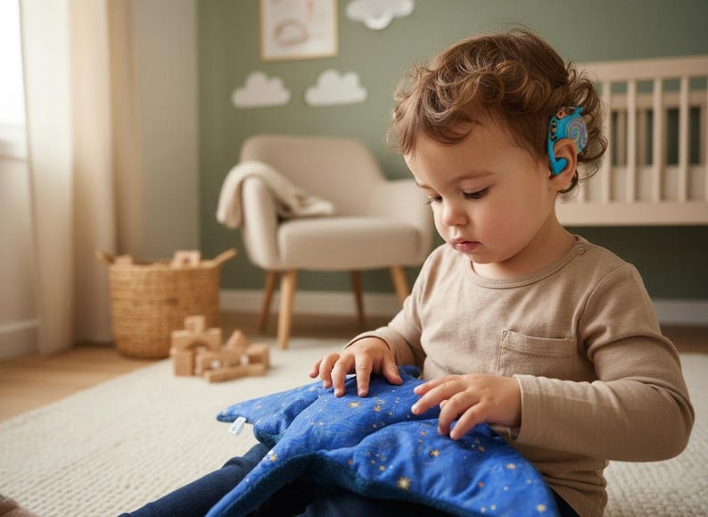 K&ouml;nnte beinhalten: Ein junges Kind in einem beigefarbenen Langarmshirt und einer dunkelblauen Hose sitzt auf einem Teppich und spielt mit einem blauen Kissen mit Sternenmuster. Das Kind hat ein H&ouml;rger&auml;t. Ein Weidenkorb und Holzbl&ouml;cke sind im Hintergrund.