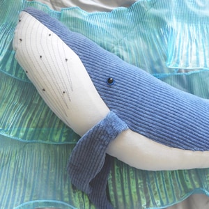 Peut inclure: Une peluche de baleine bleue avec un ventre blanc et une nageoire caudale d&eacute;taill&eacute;e. La baleine est pos&eacute;e sur une surface textur&eacute;e bleue et verte, cr&eacute;ant un effet marin. L'&oelig;il de la baleine est une petite perle noire.