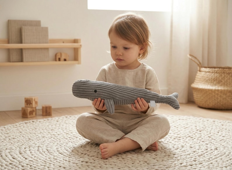 Pottwal Kuscheltier Set Grau Groß und Klein Cord Wal Deko Minimalistische Wohn Deko Ruhiger Begleiter Wal Set Bild 18
