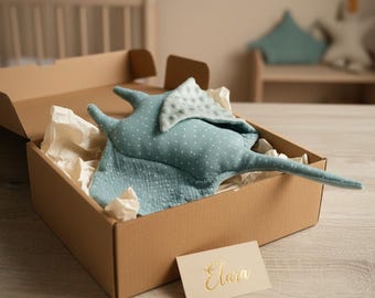 Personalized Stingray Toy – Custom embroidered mantaray plush for kids, handmade ocean-inspired gift