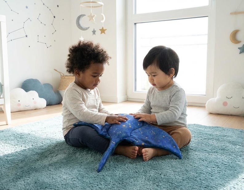 K&ouml;nnte beinhalten: Zwei kleine Kinder sitzen auf einem blauen Teppich und interagieren mit einem blauen Pl&uuml;schtier mit Sternenmuster. Der Raum hat ein himmlisches Thema mit wolkenf&ouml;rmigen Kissen und Sternaufklebern an der Wand. Ein Fenster sorgt f&uuml;r nat&uuml;rliches Licht.