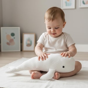 Handmade stuffed Beluga whale, with white cotton corduroy fabric, a beautiful soft toy for babies and kids