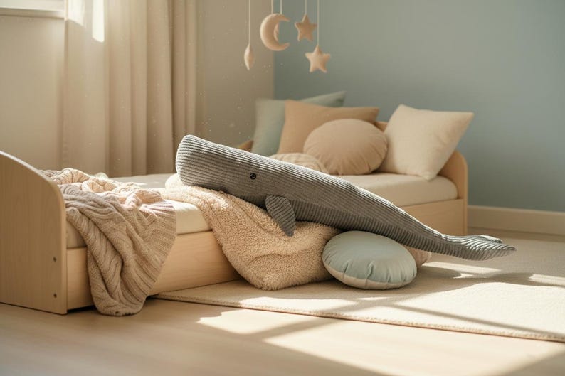 K&ouml;nnte beinhalten: Ein graues Wal-Pl&uuml;schtier aus Cord liegt auf einem Bett mit beigen und blauen Kissen. Das Zimmer verf&uuml;gt &uuml;ber einen hellen Holzrahmen und einen cremefarbenen Teppich. Ein Mobile mit Mond- und Sternformen h&auml;ngt &uuml;ber dem Bett.