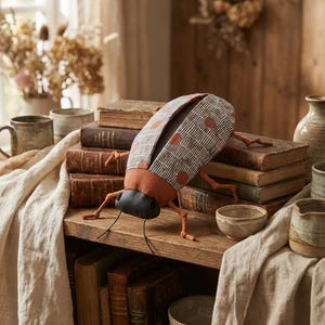 Op de afbeelding: Een groot, decoratief stoffen insect met een patroon op de vleugels en een bruin lichaam. Het staat op een stapel oude boeken. De vleugels zijn grijs en wit gestreept met bruine stippen. Het insect heeft lange, dunne poten en antennes.