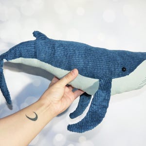 Big stuffed blue Humpback whale, made of corduroy and cotton and embroidery details