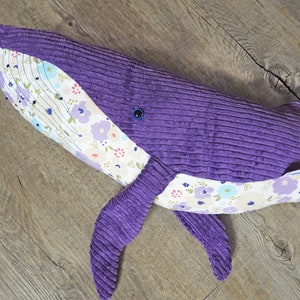 Big Stuffed Purple Whale of Flowers - Handmade Plushie Ocean Animal - Big Humpback Whale Baby Doudou - Cuddle Soft Toy