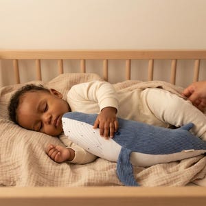 Könnte beinhalten: Ein schlafendes Baby in einem Holzbettchen, das ein blau-weißes Wal-Plüschtier kuschelt. Das Baby trägt einen cremefarbenen Strampler und ist mit einer beigen Decke bedeckt. Eine Hand legt die Decke um das Baby.