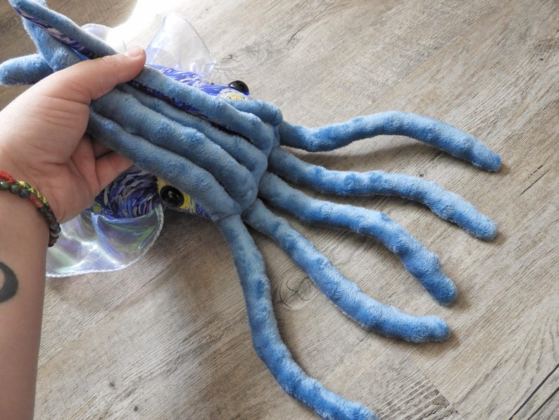 Puede incluir: Un juguete de peluche de calamar azul con largos tent&aacute;culos. El juguete tiene ojos amarillos grandes y una cabeza estampada. El calamar se sostiene en una mano, con un suelo de madera en el fondo.