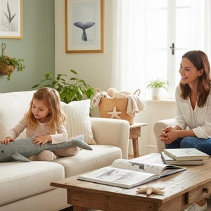 K&ouml;nnte beinhalten: Ein Wohnzimmer mit einem Kind und einem Erwachsenen. Ein graues Wal-f&ouml;rmiges Pl&uuml;schtier liegt auf dem Sofa. Der Raum verf&uuml;gt &uuml;ber gerahmte Kunst, einen Couchtisch mit B&uuml;chern und einen Korb mit einer Seestern-Dekoration. Die W&auml;nde sind in einem sanften Gr&uuml;n gestrichen.