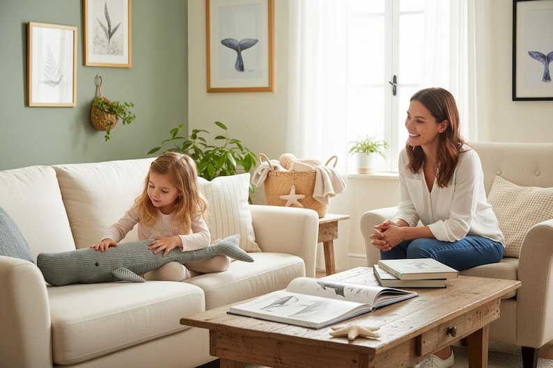 K&ouml;nnte beinhalten: Ein Wohnzimmer mit einem Kind und einem Erwachsenen. Ein graues Wal-f&ouml;rmiges Pl&uuml;schtier liegt auf dem Sofa. Der Raum verf&uuml;gt &uuml;ber gerahmte Kunst, einen Couchtisch mit B&uuml;chern und einen Korb mit einer Seestern-Dekoration. Die W&auml;nde sind in einem sanften Gr&uuml;n gestrichen.
