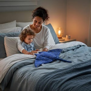 K&ouml;nnte beinhalten: Ein blaues Pl&uuml;sch-Stechrochen-Spielzeug mit wei&szlig;en Sternmustern liegt auf einem Bett mit blauer und wei&szlig;er Bettw&auml;sche. Eine Frau und ein Kind sitzen auf dem Bett. Der Raum wird von einer Lampe und nat&uuml;rlichem Licht beleuchtet.