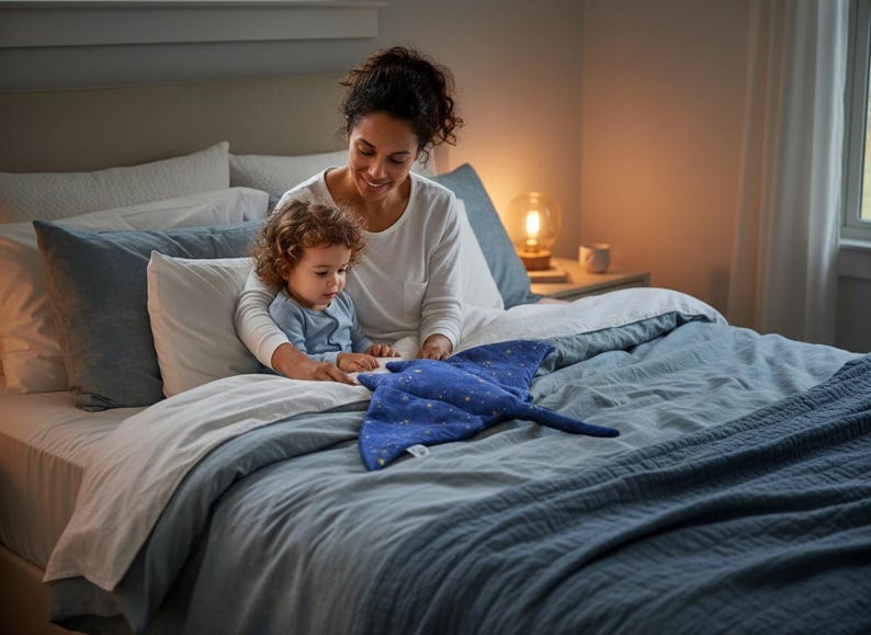 K&ouml;nnte beinhalten: Ein blaues Pl&uuml;sch-Stechrochen-Spielzeug mit wei&szlig;en Sternmustern liegt auf einem Bett mit blauer und wei&szlig;er Bettw&auml;sche. Eine Frau und ein Kind sitzen auf dem Bett. Der Raum wird von einer Lampe und nat&uuml;rlichem Licht beleuchtet.
