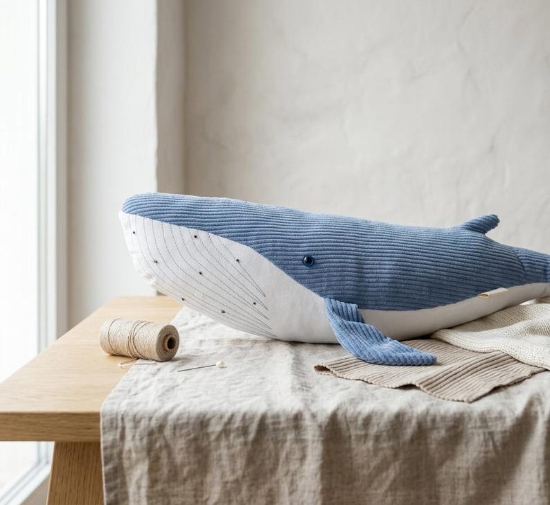 Peut inclure: Une grande baleine en peluche bleue avec une texture en velours c&ocirc;tel&eacute;. La baleine a un ventre blanc et un petit &oelig;il bleu fonc&eacute;. Elle repose sur une nappe en lin beige sur une table en bois. Une bobine de ficelle et une aiguille sont &eacute;galement sur la table.