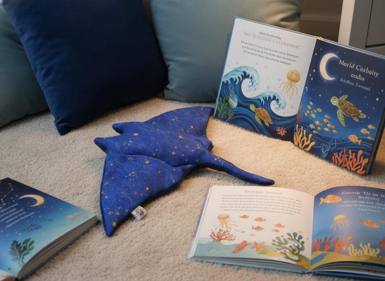 K&ouml;nnte beinhalten: Ein blaues Pl&uuml;sch-Stechrochen mit goldenen Sternen liegt auf einem hellen Teppich, umgeben von offenen Kinderb&uuml;chern mit Illustrationen von Meeresbewohnern. Dunkelblaue Kissen bilden den Hintergrund.