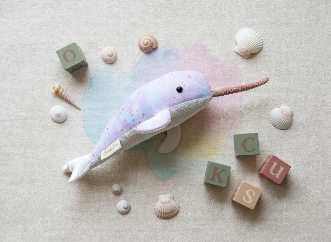 パステルカラーのミニイッカク – 水彩画のぬいぐるみクジラ。かわいい