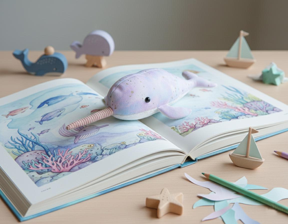 イッカクのパステル画 パステルカラーのミニイッカク – 水彩画のぬいぐるみクジラ。かわいい