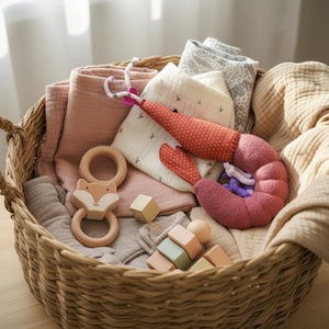 May include: A woven basket filled with baby items. Includes a pink shrimp-shaped plush toy, wooden fox teether, soft blankets, and pastel-colored wooden blocks. The basket is on a light-colored surface.