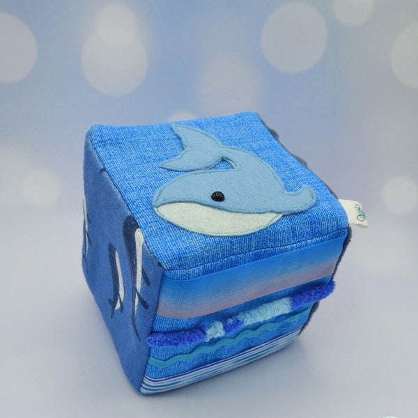 Sensory cube, baby busy fabric whale block, ocean marine animals, activity soft toy with wooden teether and tags, baby shower gift