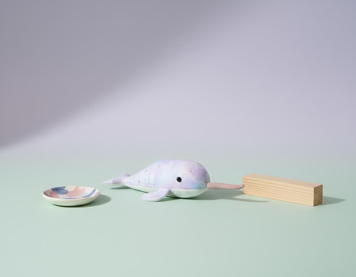パステルカラーのミニイッカク – 水彩画のぬいぐるみクジラ。かわいい